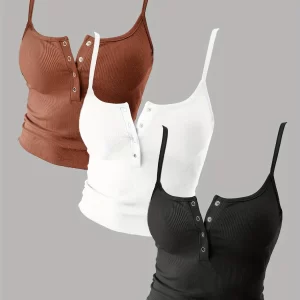 Summer Tops Women's 3Piece Set Casual Fashion Sexy Knitted Camisole Slim Sleeveless Henley Shirts Basic Clothing Crop Tank Top