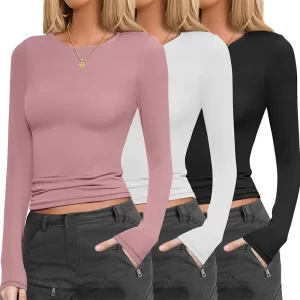 Autumn Winter Tops Women's 3Piece Set Casual Slim Fit Long Sleeve Crop Top Solid Color T Shirts Daily Wear Yoga Party Basic Tees