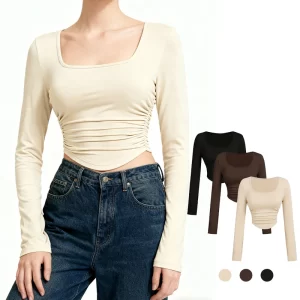 Autumn Winter Top Womens Long Sleeve Shirts 3piece Set Crop Tops Fall Fashion 2025 Square Neck Going Out Basics Tees Y2k Clothes