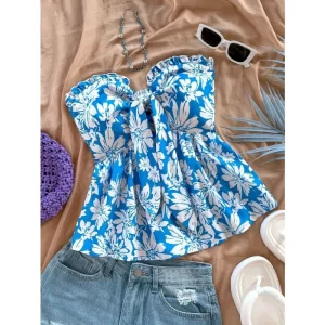 New Summer Tops Womens Y2K Hawaiian Style Vacation Party Wear Ruffled Kink Decoration Floral Print Tube Top Short Woman Clothing