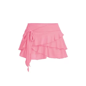 Summer Women's Solid Color Mini Skirt Mesh Flowy Hem Y2K Skirts Multi-Layer Ruffle Trim Lingerie Skirt Seaside Vacation Culottes